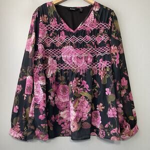 Du Jour Size Large Black Pink Floral Shirred Peasant Top Babydoll Dark Romantic